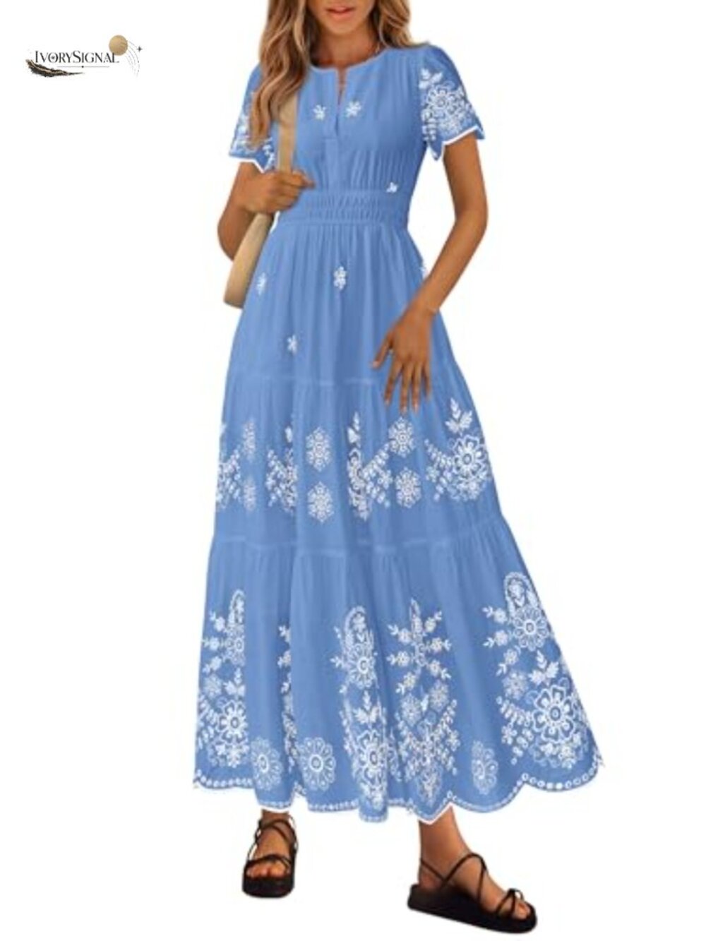 Floral Maxi Dress Boho V Neck Short Sleeve Tiered Cotton Summer